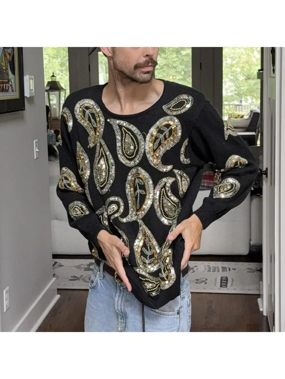 ✨ Vintage Gantos Beaded Sequin Paisley Statement Sweater 80s Glam